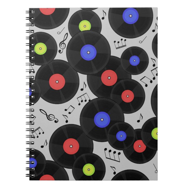 Cuaderno Registros de vinilo: Patrón de notas musicales (Frente)