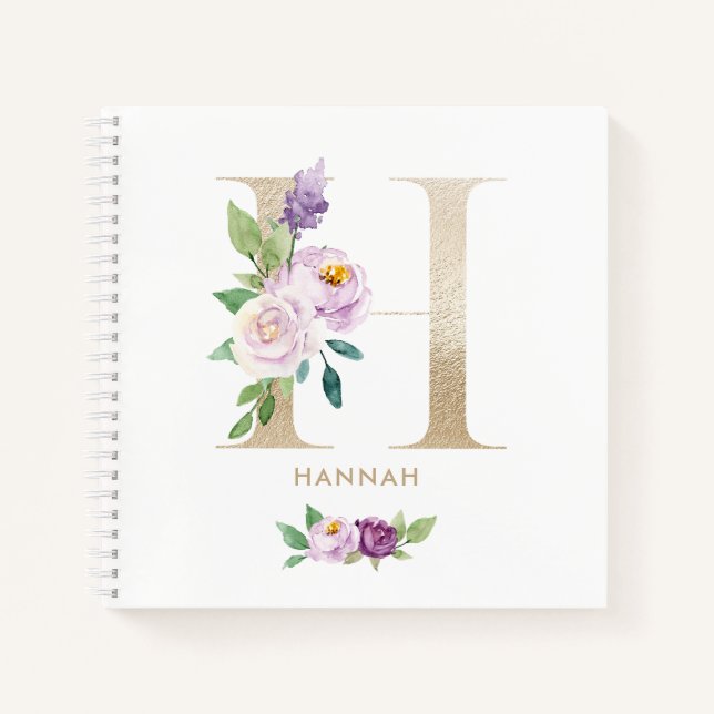 Cuaderno Relieve metalizado dorado floral violeta de bonito (Anverso)