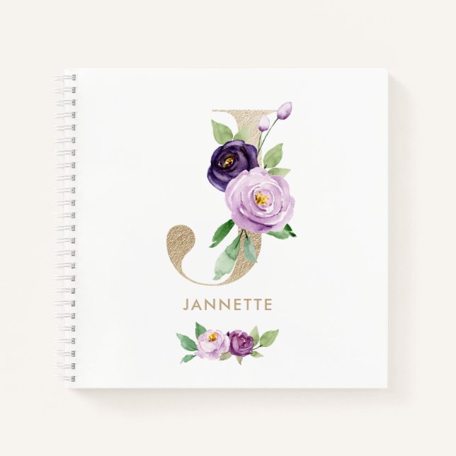 Cuaderno Relieve metalizado dorado floral violeta de bonito (Anverso)