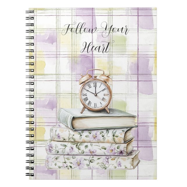 Cuaderno Reloj de alarma de libros florales púrpura amarill (Frente)
