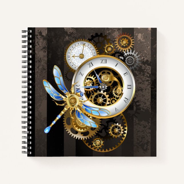 Cuaderno Reloj Steampunk con libélula mecánica (Anverso)