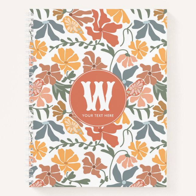 Cuaderno Resumen Aves Florales Mid Century Monograma modern (Anverso)