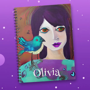 Cuaderno Resumen Chica y pájaro morado y Verde azulado pers