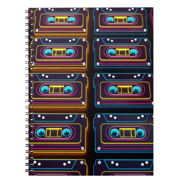Cuaderno Resumen Cinta Cassette neón retro música de fondo (Frente)