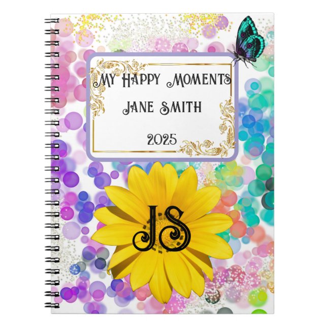 Cuaderno Resumen colorido Bokeh Monograma girasol (Frente)