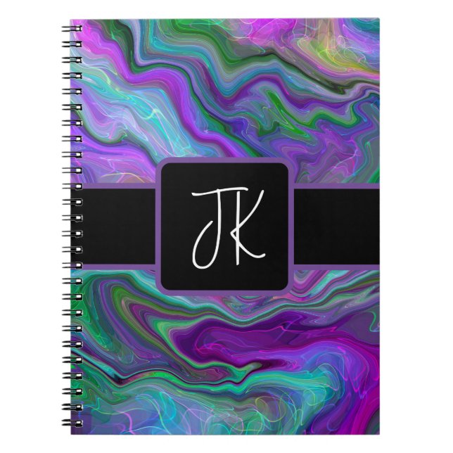 Cuaderno Resumen de arte de fluidos morado, verde y azul (Frente)