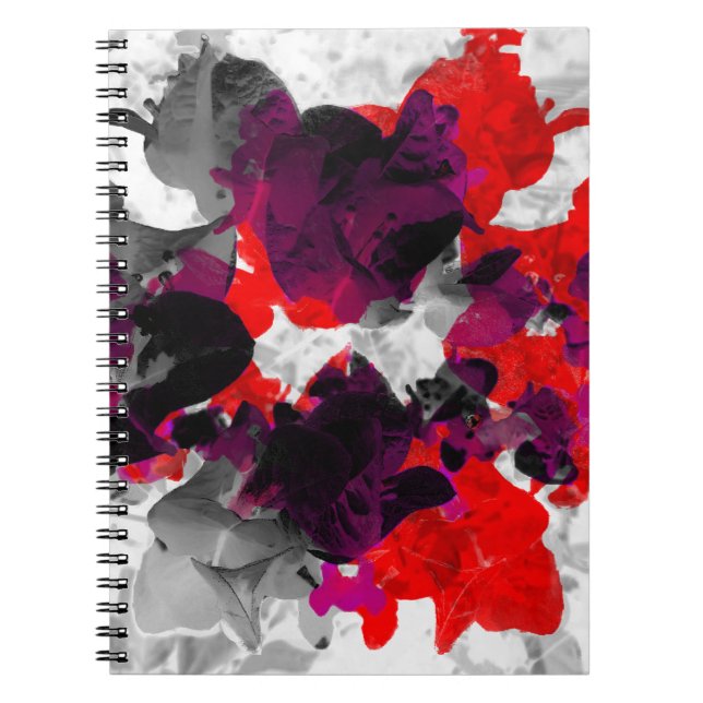 Cuaderno Resumen de diseño floral - rojo y púrpura sobre bl (Frente)
