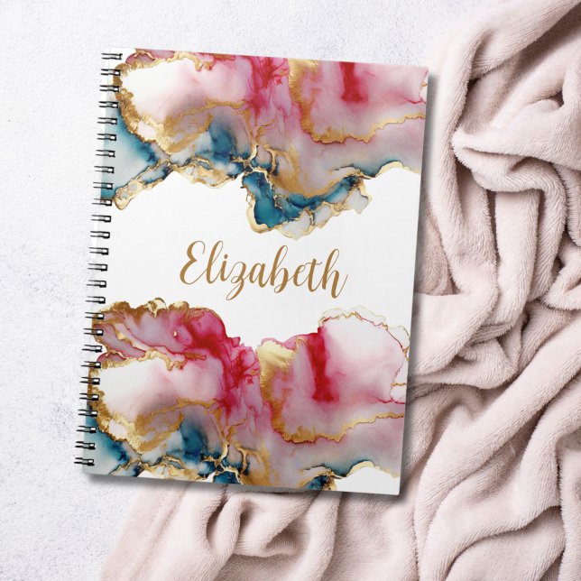 Cuaderno Resumen de la acuarela del lavado de oro azul rosa (Monogram name pink red gold blue alcohol ink watercolor notebook journal)