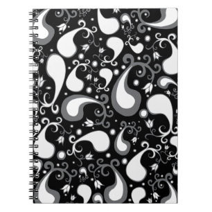 Cuaderno Resumen de Tulip Paisley Floral en blanco y negro