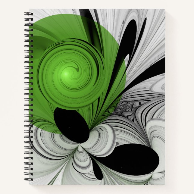 Cuaderno Resumen en blanco y negro con arte fractal verde (Anverso)