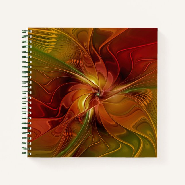 Cuaderno Resumen Naranja rojo Brown Flor de arte fractal ve (Anverso)