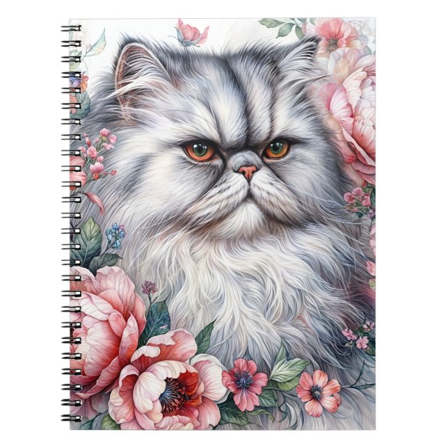 Cuaderno Retrato de acuarela floral de gato persa (Frente)