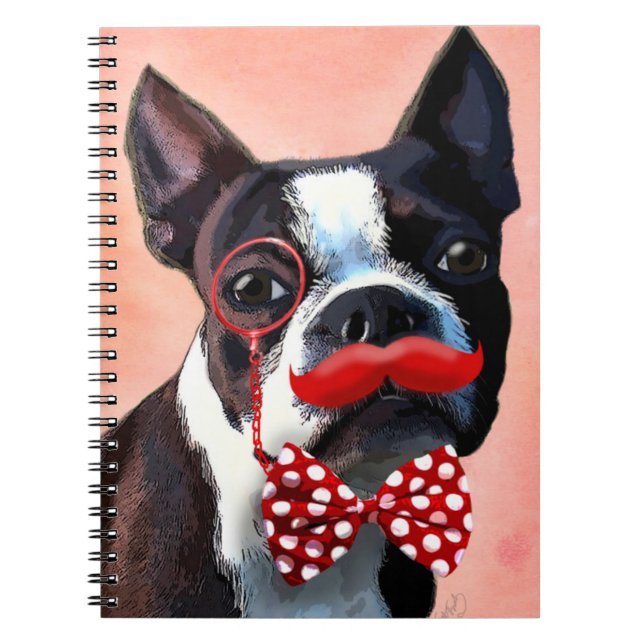 Cuaderno Retrato de Boston Terrier con cordón rojo de vaca  (Frente)