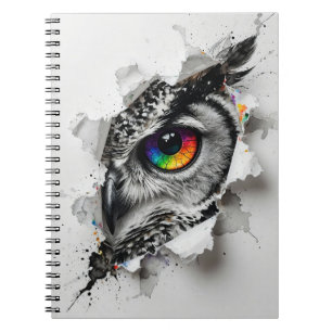 Cuaderno Retrato de búho en tinta y acuarela de arcoíris