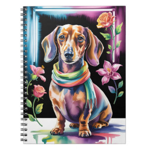 Cuaderno Retrato de Dachshund en luz de neón y marco floral