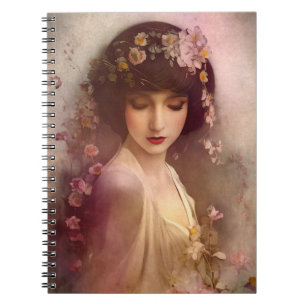 Cuaderno Retrato de estilo vintage de hermosa mujer floral