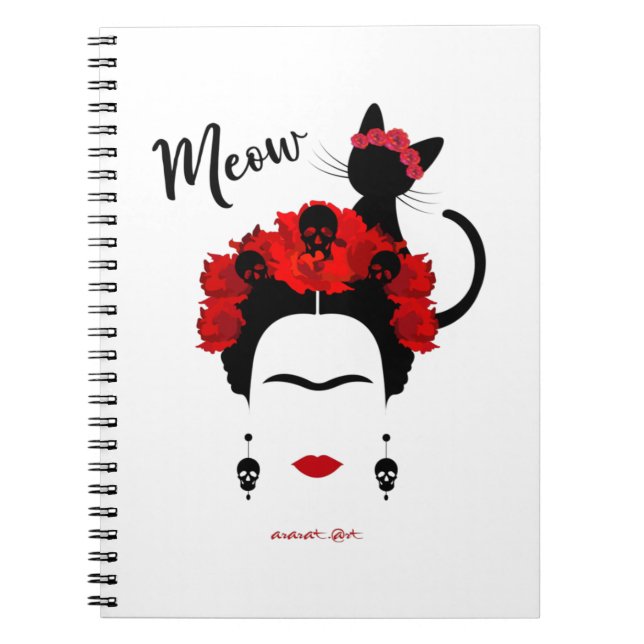 Cuaderno Retrato de Frida Kahlo y lindo gato mexicano (Frente)