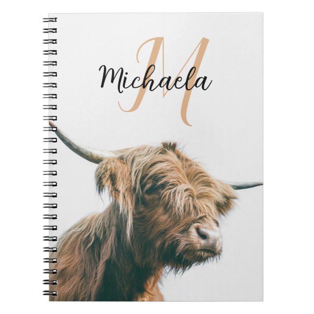 Cuaderno Retrato de vaca de Highland nombre personalizado m (Frente)