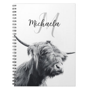 Cuaderno Retrato de vaca Highland monograma inicial blanco