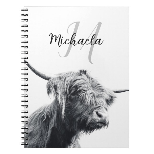Cuaderno Retrato de vaca Highland monograma inicial blanco  (Frente)