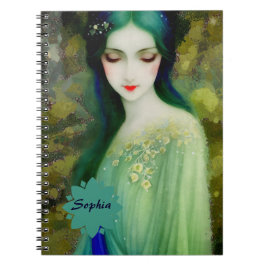 Cuaderno Retrato elegante de mujer fantastica en verde y az
