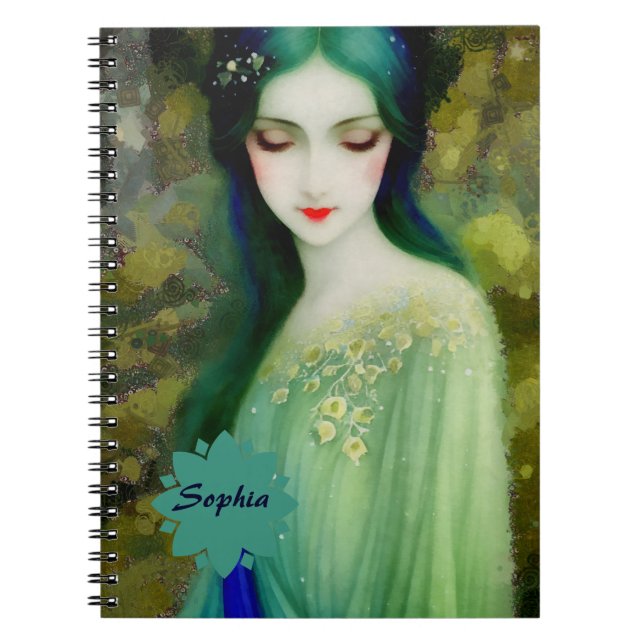 Cuaderno Retrato elegante de mujer fantastica en verde y az (Frente)
