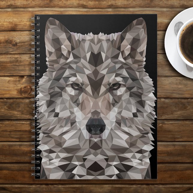 Cuaderno Retrato geométrico de lobo gris (Lone Wolf Geometric Design Notebook on Rustic Wooden Tabletop)