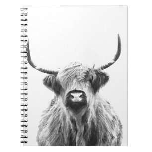 Cuaderno Retrato negro y blanco de vaca en las tierras alta