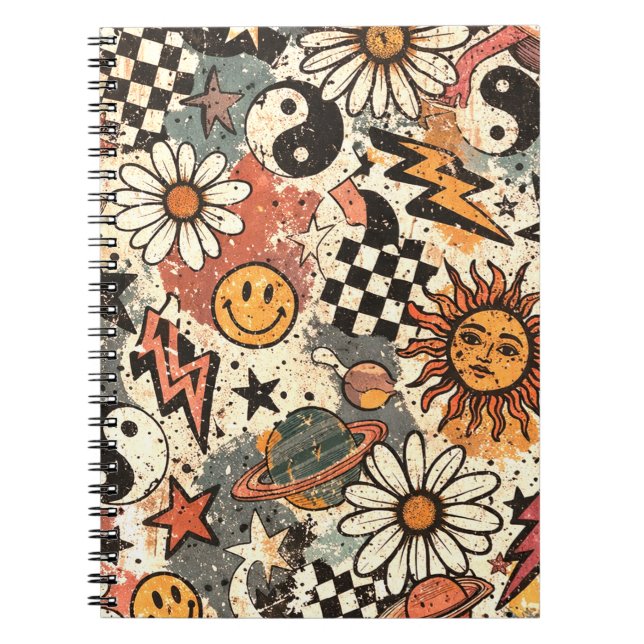 Cuaderno Retro 90s Psychedelic Doodle Pattern with Yin Yang (Frente)