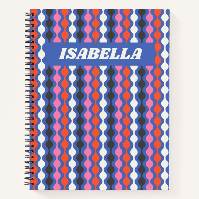 Cuaderno Retro Abstract Stripes Blue Pink Nombre personaliz (Anverso)