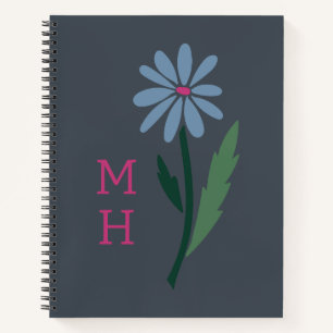 Cuaderno Retro Azul Floral Rosa Monograma Pizarra Gris