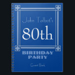 Cuaderno Retro Blue 80th Birthday Party Guest Book<br><div class="desc">Estilo vintage y retro para este personalizable de 80 años del libro de invitados de fiesta en azul con un marco medio transparente. Puede cambiar fácilmente el fondo del color y el texto (fuente,  color,  tamaño y posición) haciendo clic en el botón personalizar.</div>