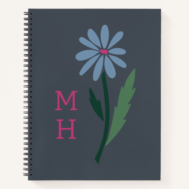 Cuaderno Retro Blue Floral Pink Monogram Slate Gray (Anverso)