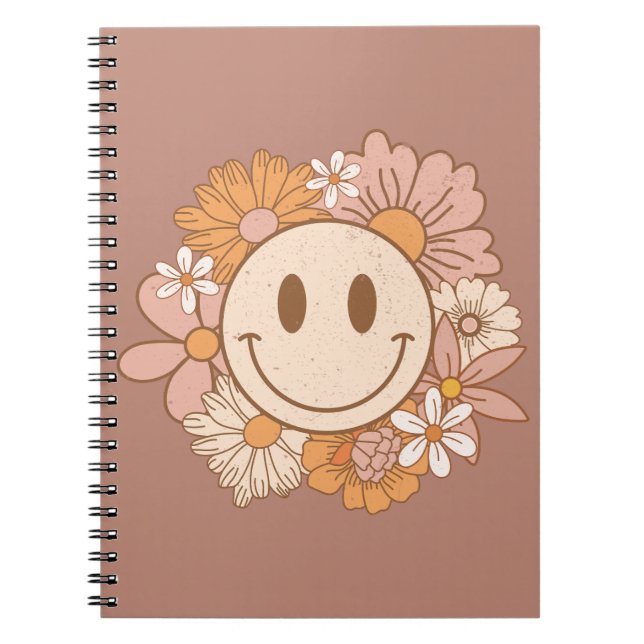 Cuaderno Retro Boho Happy Face, lindo Rubor Floral (Frente)