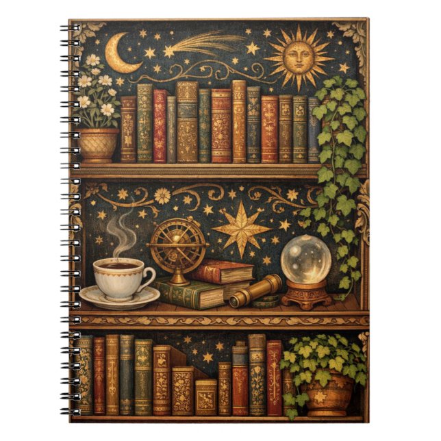 Cuaderno Retro celestial bookshelf book coffee lover (Frente)