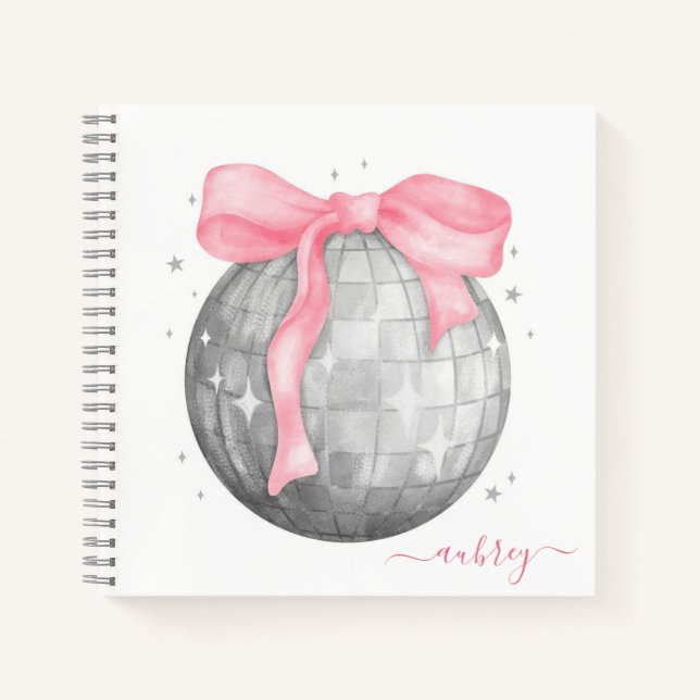 Cuaderno Retro Coquette Silver Disco ball Pink Ribbon (Anverso)