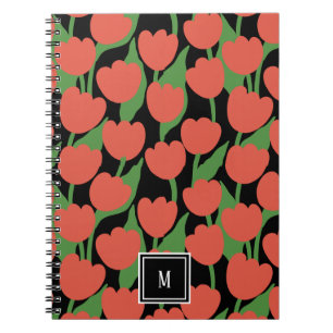 Cuaderno Retro de tulipanes rojos, monograma personalizado