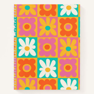 Cuaderno Retro Floral de Cuadros Groovy de los 70 Colorido