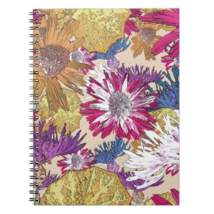Cuaderno Retro, florido, rojo, ramo, flores azules,