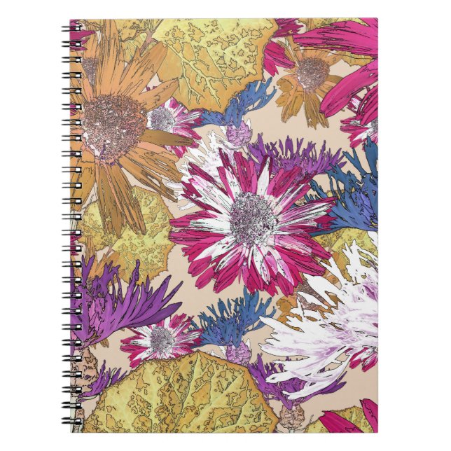 Cuaderno Retro, florido, rojo, ramo, flores azules, (Frente)