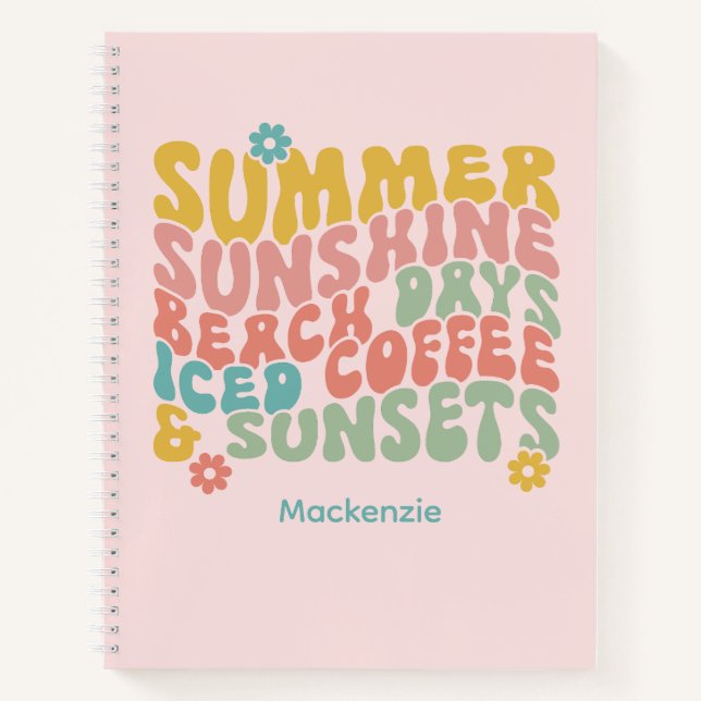 Cuaderno Retro Groovy Summer Pink Monograma Nombre Etiqueta (Anverso)