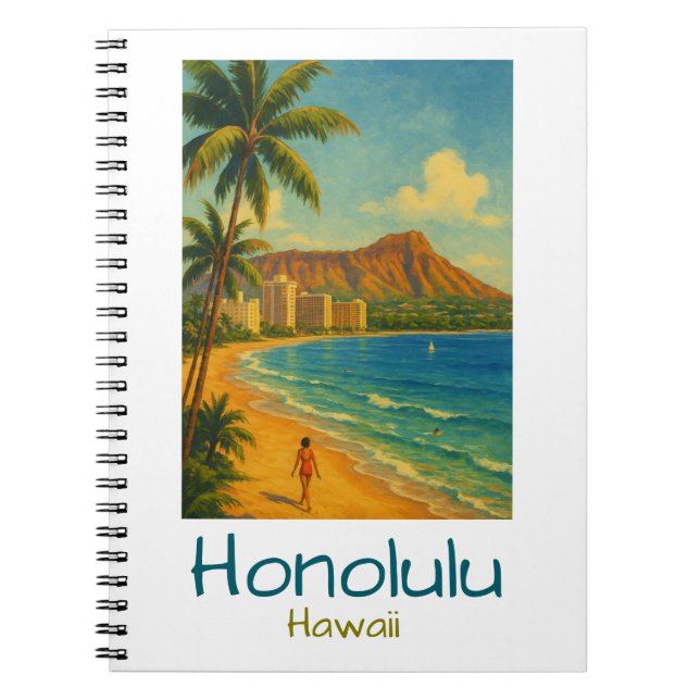 Cuaderno Retro Honolulu Hawaii Waikiki Beach (Frente)