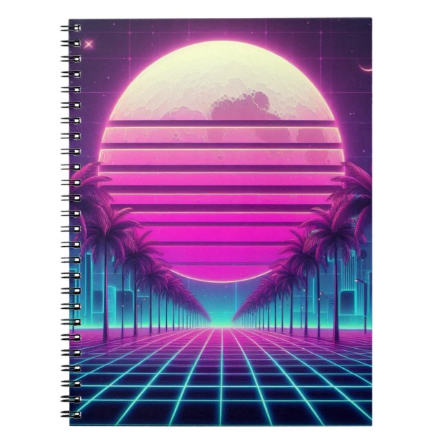 Cuaderno retro, luna de neón/palmas de los años 80 (Frente)
