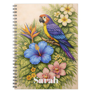 Cuaderno Retro Miami Tropical Loro Floral Nombre Personaliz