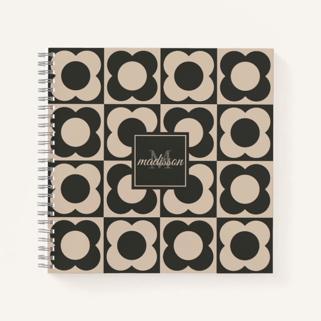 Cuaderno Retro modern -Flower Checkerboard - neutral taupe  (Anverso)