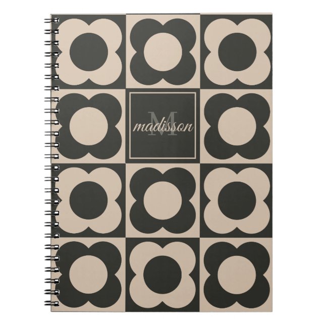 Cuaderno Retro modern -Flower Checkerboard - neutral taupe  (Frente)