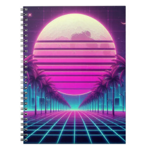 Cuaderno retro, puesta de sol/palmas neón de los 80