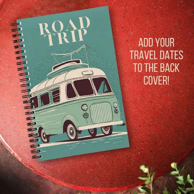 Cuaderno Retro Viaje por carretera Journal | Viaje por carr (Teal green road trip travel journal featuring a retro camper and your custom travel dates!)