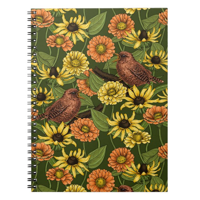 Cuaderno Reyezuelos y flores sobre verde (Frente)