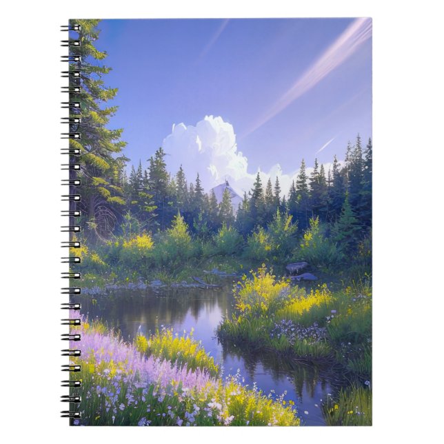 Cuaderno Río en medio del bosque de pinos verdes (Frente)